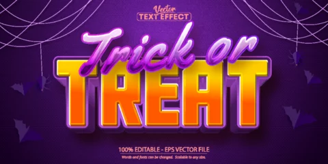 Muurstickers Trick or treat text,  halloween style editable text effect on purple textured background © Mustafa