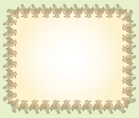 Vector card with border from outlines decorative cartoon hens