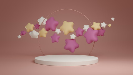 3d rendered product podium with stars. Pink, yellow, and white mockup.
