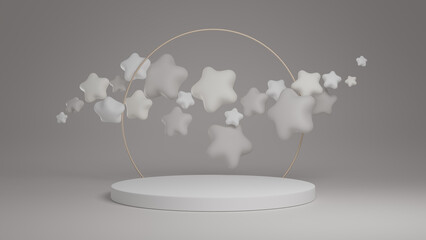 3d rendered product podium with stars. White and grey mockup.