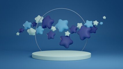 3d rendered product podium with stars. Blue mockup.