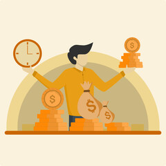 Entrepreneurs balance time and money. Effort and time to make money, long-term investment success, deadline effect to make people complete the work concept.