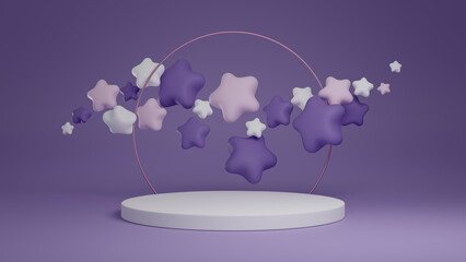 3d rendered product podium with stars. Purple and white mockup.