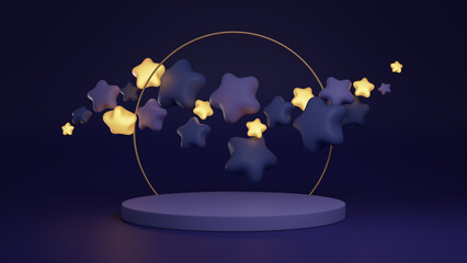 3d rendered night themed product podium with stars. Yellow, blue, and purple mockup.