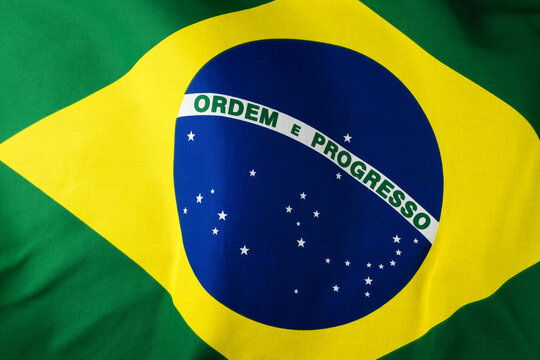 Image of close up of wrinkled national flag of brazil