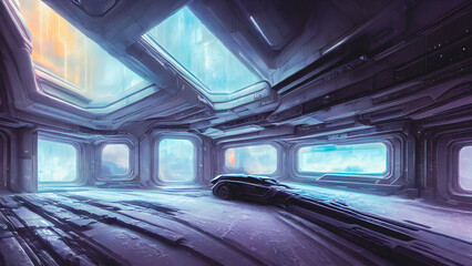 Artistic concept painting of a space station interior, background illustration.