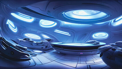 Artistic concept painting of a space station interior, background illustration.
