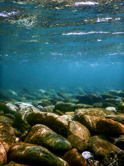 Rocks underwater on riverbed, rivers freshwater underwater, crystal clear water