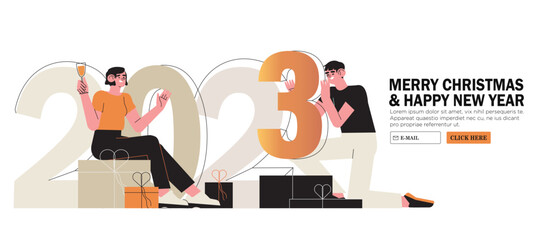 Happy people or office workers, employees with big numbers 2023 and presents celebrate winter holidays. Group of friends or team wish Merry Christmas and happy New Year . Holiday corporate greeting.