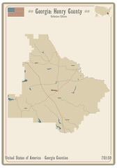 Map on an old playing card of Henry county in Georgia, USA.