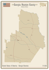 Map on an old playing card of Houston county in Georgia, USA.