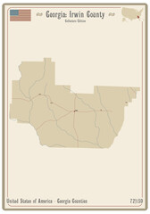 Map on an old playing card of Irwin county in Georgia, USA.