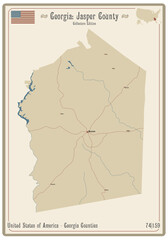 Map on an old playing card of Jasper county in Georgia, USA.