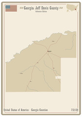 Map on an old playing card of Jeff Davis county in Georgia, USA.