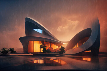 Futuristic building on a rainy day