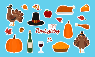 Stickers set with turkeys and holiday symbols on a blue background.  Great for greeting cards, design and more. Happy Thanksgiving.