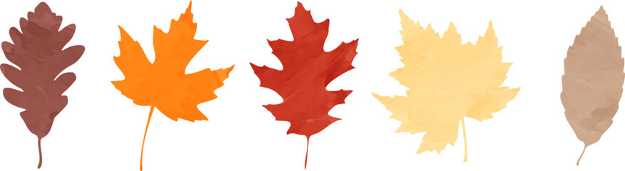 Abstract dense autumn leaves on a white background with a watercolor texture. Set of design elements in autumn style. Seasonal items, to create and decorate, decorative.