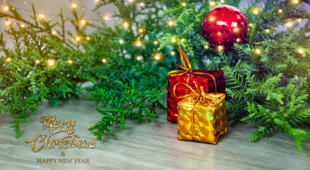 Wrapped gifts under a Christmas tree with copyspace. Christmas holiday picture with copyspace