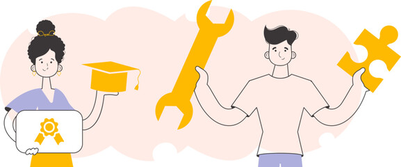 The students received their diploma. Modern linear style. Vector illustration.