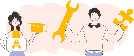 The students received their diploma. Trendy linear style. Vector illustration.