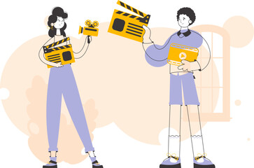 blogging team. Modern linear style. Vector illustration.