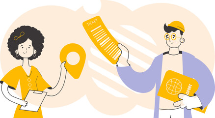Travel agent team. Trendy linear style. Vector illustration.
