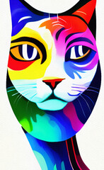 Colorful multicolored cat portrait illustration isolated on white background. Hand drawn watercolor and oil kitten face, canvas print, poster, shirt template. Little abstract creative design