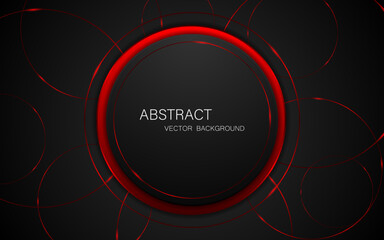 Abstract black and red circles with elegant red lines on black background and free space for design.
