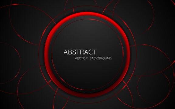 Abstract black and red circles with elegant red lines on black background and free space for design.
