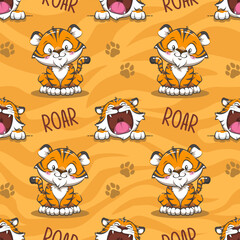 Seamless Pattern Cute Tiger Roar, Big Cat Cartoon Illustration