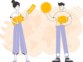 Travel agency. The guy and the girl sell vouchers. Trendy linear style. Vector.