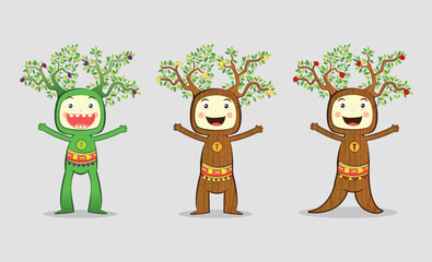 Set of cute comic tree characters. Cartoon vector illustration on white background. Collection of funny mascots