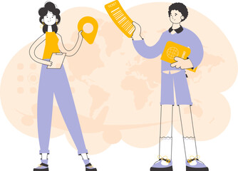 Travel agency. The guy and the girl sell vouchers. Trendy linear style. Vector.