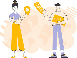 Travel tour team. Linear style. Vector illustration.