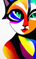 Colorful multicolored cat portrait illustration isolated on white background. Hand drawn watercolor and oil kitten face, canvas print, poster, shirt template. Little abstract creative design