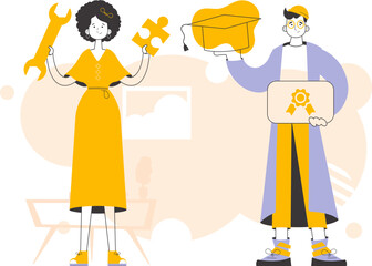 Graduates of the university with a diploma. Trendy linear style. Vector.