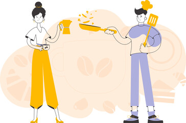 Chef and barista. Linear style. Vector.