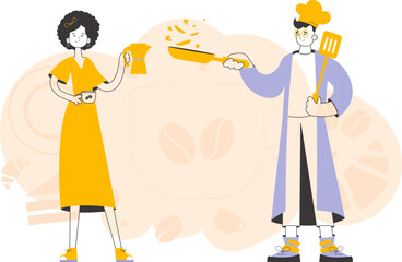 Chef and barista. Trendy linear style. Vector illustration.