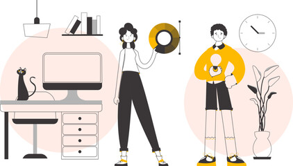 Team of graphic designers. Linear style. Vector illustration.