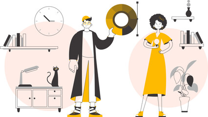 Team of graphic designers. Linear style. Vector.