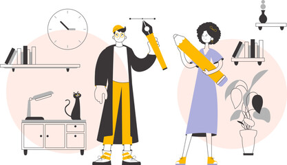 Team of graphic designers. Modern linear style. Vector.