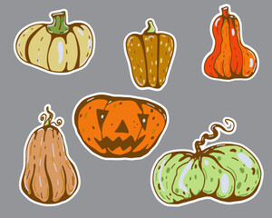Set of Halloween pumpkin stickers. Autumn vector illustration.
