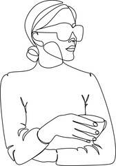 Continuous line drawing. A woman is relaxing with a cup of tea. Vector illustration.