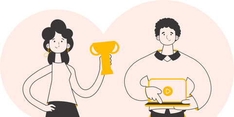 Team of teachers. Online learning concept. Trendy linear style. Vector illustration.