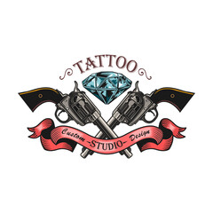Tattoo emblem. Logos with cross guns, skulls in crown, skeleton, rose isolated vector illustration. Tattoo studio and design elements concept