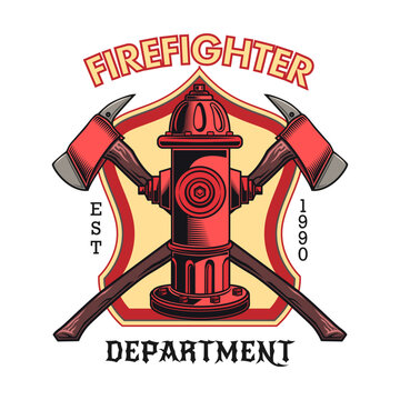 Firefighter patch. Badges with axes, hydrant, red heraldry with ribbons. Vector illustration for firemen