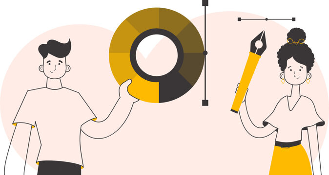 Guy and girl designers. Linear style. Vector illustration.