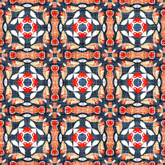 Fototapeta premium Navy blue red azulejos tile style banana fashion scarf print. Seamless pattern in coastal living maritime style design. Modern abstract cotton linen effect fabric background. 
