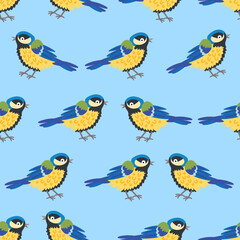 Seamless pattern bird titmouse background for kids. Cute children design template. Bright icons for textile, wrapping paper, greeting cards or posters for kindergarten