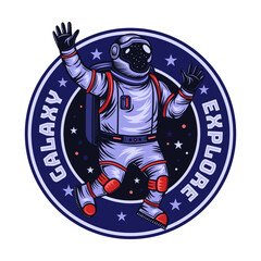 Space badge. Stamps with astronaut, spacesuit helmet, starting rocket, UFO in red and violet colors
